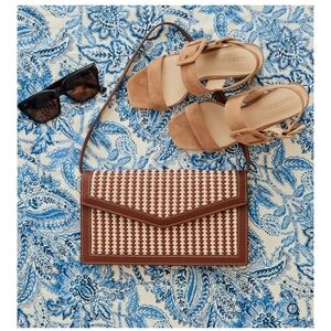 J. McLaughlin Tan and Brown Woven Clutch NWT